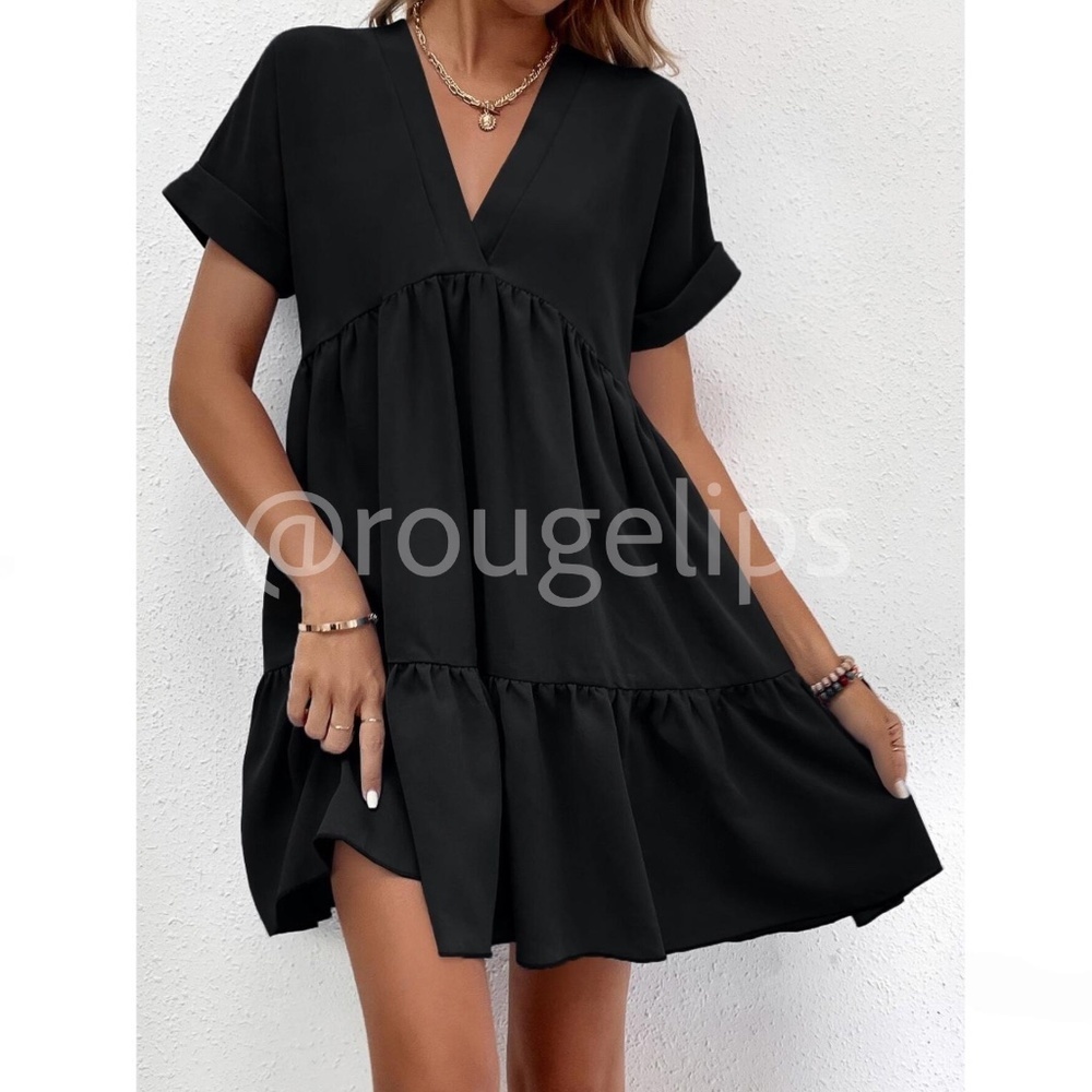 Black Short Sleeve Loose Fitting Mini Dress V-Neck Ruffle Flared Hem